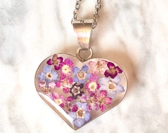 Purple Blue Pink Real Flower Bouquet Sterling Silver 925 Heart Pendant on Chain Necklace Dried Flowers in Resin Jewellery Perfect for Summer