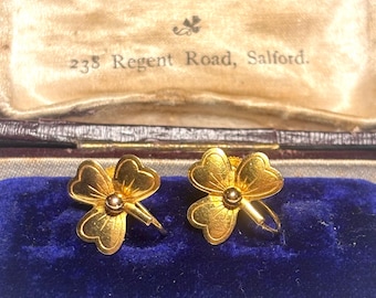Irish Vintage 9ct 375 Solid Gold Shamrock Clover Stud Earrings Vintage Screw-Back Lucky Symbol Jewellery