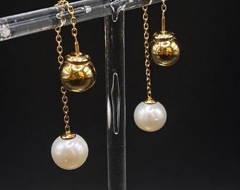 18ct Solid Yellow Gold Pearl Threader Drop Earrings: Multi-Way Italian Design (5.02g)