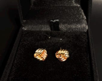 Vintage Classic 9ct Solid Tri Colour Gold Love Knot Stud Earrings 375 Marked