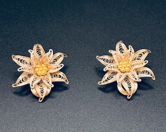Vintage Italian 800 Silver Filigree Flower Clip Earrings Gold Wash Floral Statement Jewellery