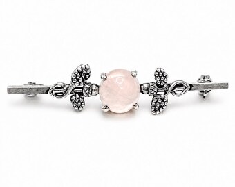 Cabochon Rose Quartz Vintage 925 Sterling Silver Bar Brooch Pink Stone jewellery