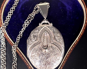 Late 1800s Antique Victorian Sterling Silver Large Hallmarked Photo Locket on Long Chain Necklace