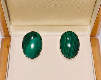 Vintage Sterling Silver 925 Malachite Clip On Earrings, Deep Green Banded Malachite Oval Cabochons, Gift for her maker’s mark fm