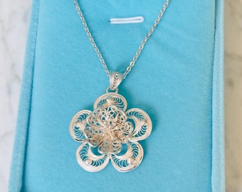 Vintage Sterling Silver Filigree Flower Necklace, Italian Style Floral Pendant, Ornate Silver Jewellery