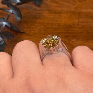 Pu&ograve; includere: Un anello color argento con una grande pietra preziosa rotonda e sfaccettata color ambra montata su una griffa. La fascia &egrave; liscia e solida, caratterizzata da una finitura metallica lucida che riflette la luce sulla pietra centrale.