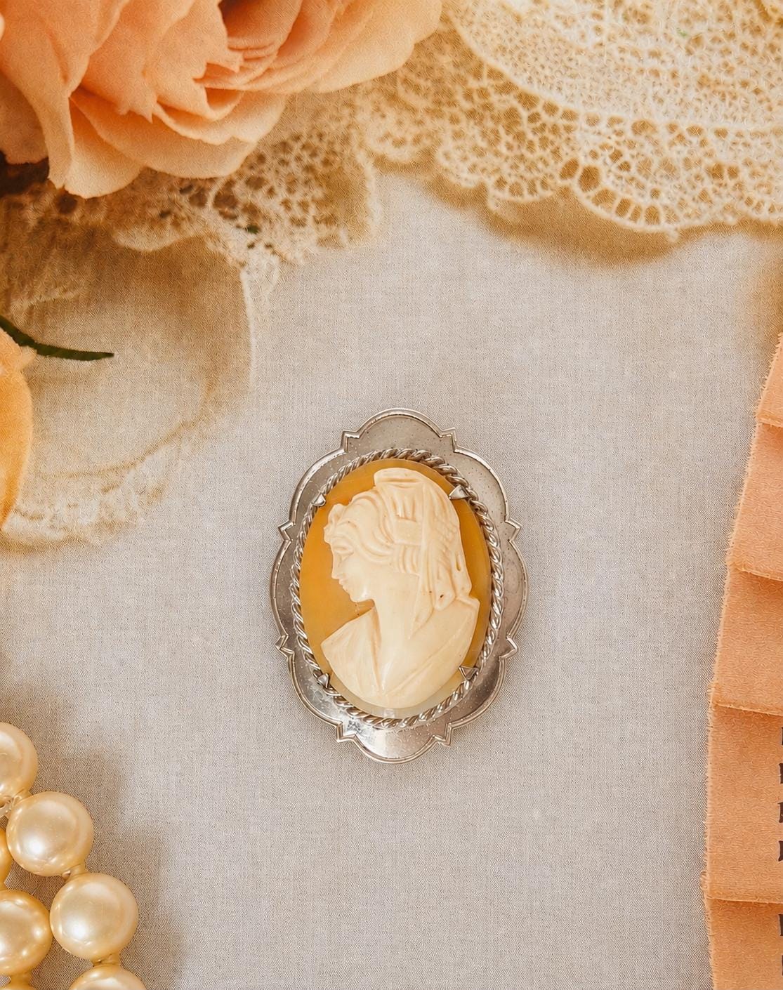 Vintage Sterling Silver 925 Shell Cameo Brooch, Hand-Carved Lady Profile, Birmingham 1973