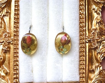 Taxco Mexico 925 TE-24 Vintage Signed Sterling Silver Dried Flower Resin Earrings Silver Oval Drop Earrings, Real Pressed Flower Jewellery