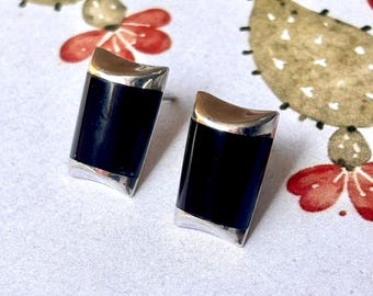 Vintage Taxco Sterling Silver Black Onyx Inlay Earrings, Mexico 925 Modernist Geometric Post Earrings, Hallmarked TA-08 AA, Matching Backs
