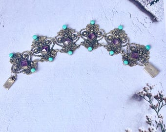 Heavy Mexican Sterling Silver Bracelet, Turquoise Amethyst, 925 Mexico, MATL Style Ornate Panel Bracelet British Import Hallmarks
