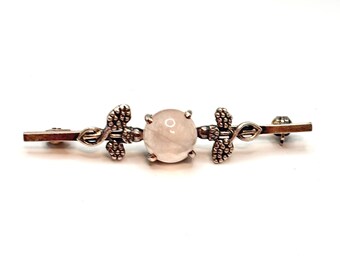 Cabochon Rose Quartz Vintage 925 Sterling Silver Bar Brooch Pink Stone jewellery