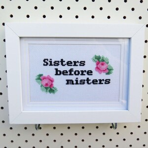 Peut inclure: Broderie au point de croix encadrée en blanc avec le texte "Sisters before misters" et des fleurs roses.