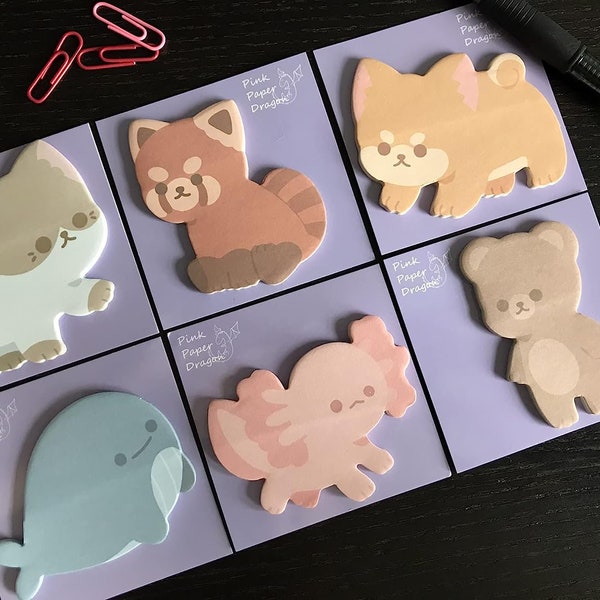 Cute Kawaii Animal Themed Sticky Notes, Party Favors Stationery Set Pack of 6, Axolotl Red Panda Cat Shiba Inu Dog Whale Bear