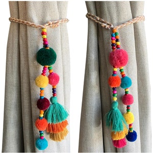 1 Pair of Boho Decor Colorful Beaded Curtain Pompom Tiebacks, Bohemian Living Room Tassel