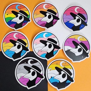 May include: Set of 8 colorful round stickers featuring a black and white illustration of a plague doctor wearing a mask and hat. Each sticker has a different color background with a crescent moon and stars.