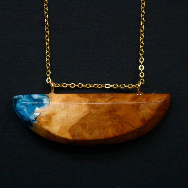 Wide pendant / necklace handmade from Australian wood and a mixture of white and blue resin