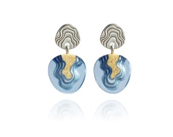 Handmade Cape Dangle Earrings – Sand and Blue Resin, Stainless Steel