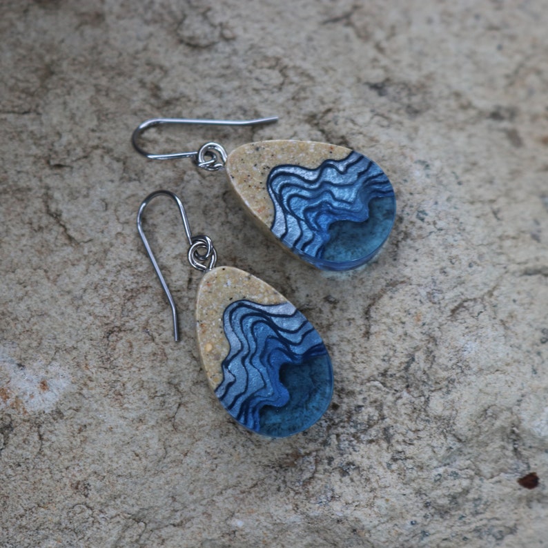 Seashore Earrings Unique dangle tear drop earrings handmade from beach sand and ultramarine blue resin