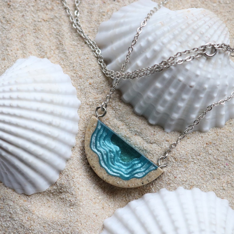 Inlet Pendant Delicate beach necklace handmade from sand and aqua blue resin on a fine chain image 9