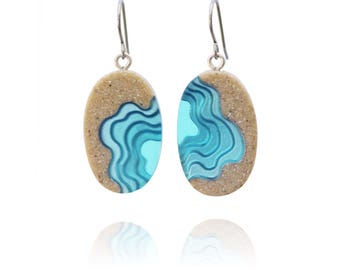 Oval Beach Sand Dangle Earrings – Blue Resin, Stainless Steel Hooks