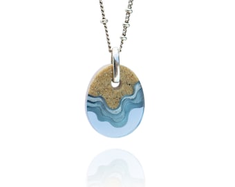 Ultramarine Blue Resin Necklace – Beach Sand Oval Pendant, Silver Plated Chain