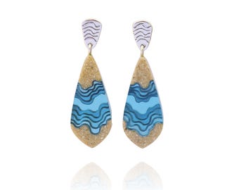 Gorge dangle earrings - inspired by the ocean and crafted from beach sand ultramarine blue resin