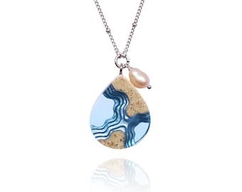 Beachy Teardrop Necklace – Sand & Blue Resin Pendant with Freshwater Pearl