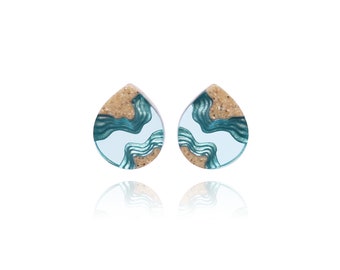 Ridge ear studs - Aquamarine blue tear drop shaped ear studs made from beach sand and resin featuring topographic layers