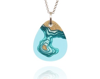 The Peninsula - Unique island pendant necklace handmade from beach sand and aqua blue resin on chain