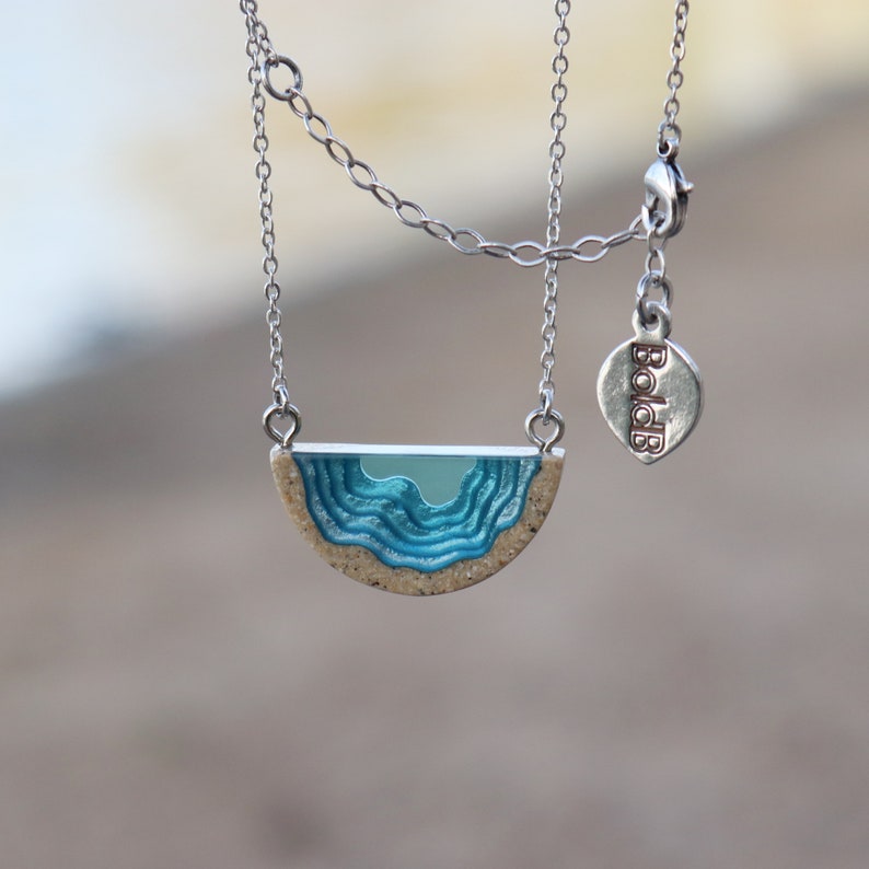 Inlet Pendant Delicate beach necklace handmade from sand and aqua blue resin on a fine chain image 3