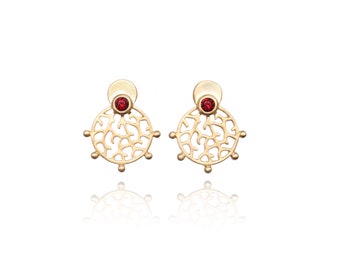 Rosini round ear studs - Inspired by corals and handmade from sustainable 925 sterling silver and 18K gold plating with red garnet gemstones