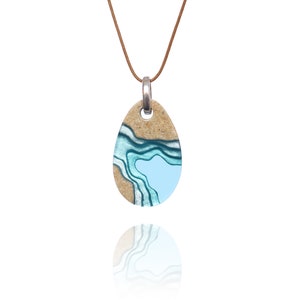 Cove Pendant - Dainty beach necklace handmade from sand and aqua blue resin on cord