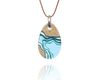 Cove Pendant - Dainty beach necklace handmade from sand and aqua blue resin on cord