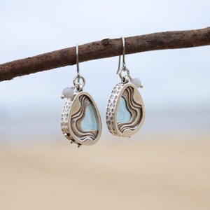 Eddy earrings teardrop shaped dangled earrings with aquamarine blue acrylic inlays and white agate beads on stainless steel hooks image 9