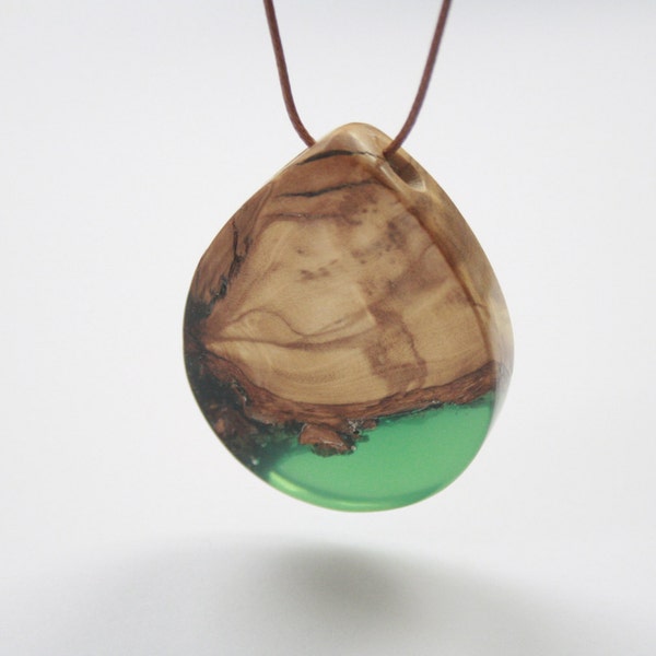 Large modern tear drop shaped pendant / necklace handmade from Australian wood and green resin on brown cord. Made in Australia