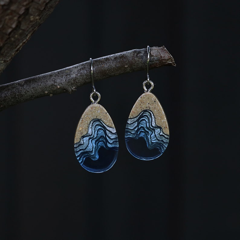 Seashore Earrings Unique dangle tear drop earrings handmade from beach sand and ultramarine blue resin