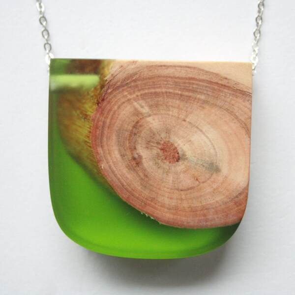 Very chunky / large pendant / necklace from Australian pine wood and olive green resin on a 55cm rhodium plated chain