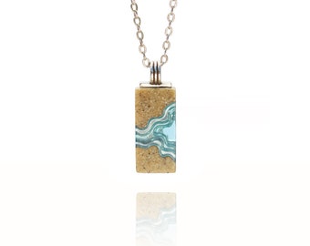 Delta necklace- ocean inspired rectangular necklace handmade from aquamarine blue resin and sand on cable link chain