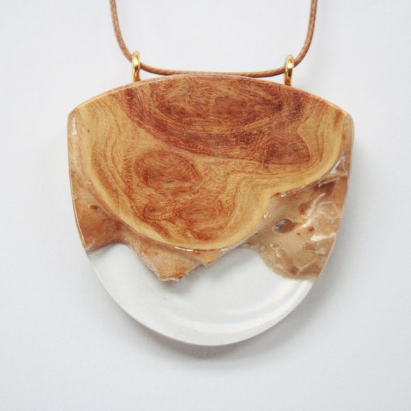 Large pendant / necklace handmade from Australian wood and transparent resin on brown cord. Made in Australia