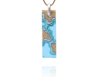 Islands necklace - Rectangular necklace crafted from beach sand and aquamarine blue resin