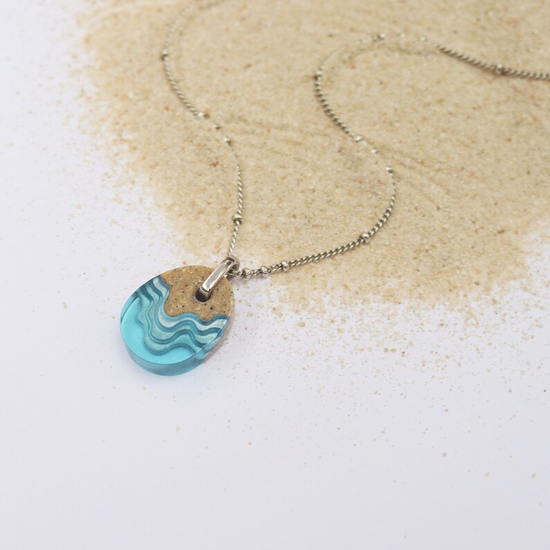 Oceanfront necklace cute ocean inspired necklace handmade from beach sand and aquamarine blue resin an a dainty chain image 4