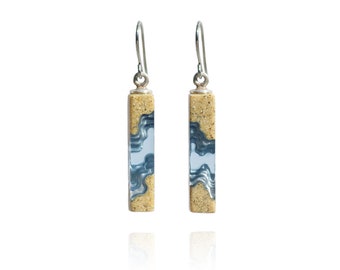 Strait earrings- ocean inspired long, rectangular earrings crafted from sand and ultramarine blue resin on stainless steel ear hooks.