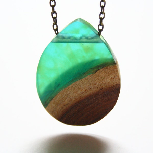 Large drop shaped pendant from Australian wood and two colours of green resin on a 60 cm / 24" bronze tone chain