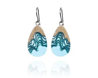 Seashore Earrings - Unique dangle tear drop earrings handmade from beach sand and aqua blue resin