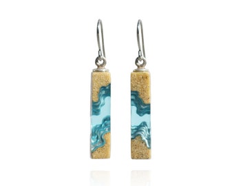 Strait dangle earrings- long rectangular dangle earrings crafted from sand and aquamarine blue resin on stainless steel ear hooks