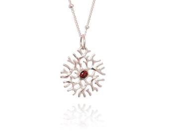 Navini round necklace - Inspired by corals and handmade from sustainable recycled 925 sterling silver with a red garnet gemstone