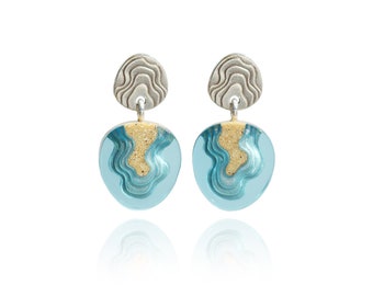 Cape dangle earrings- inspired by the ocean and crafted from sand and aquamarine blue resin with stainless steel ear posts