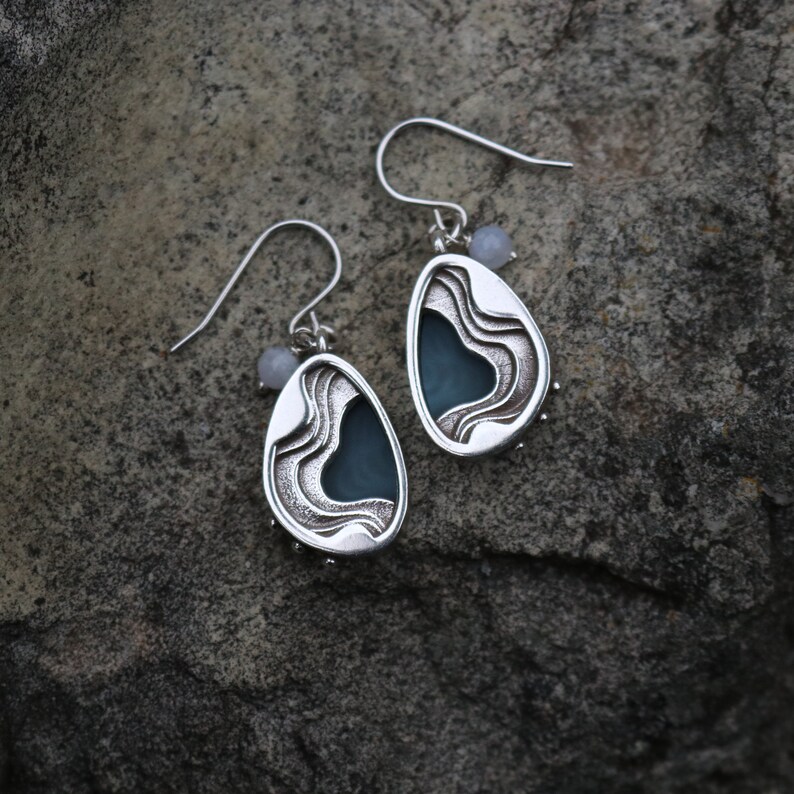 Eddy earrings teardrop shaped dangled earrings with aquamarine blue acrylic inlays and white agate beads on stainless steel hooks image 2