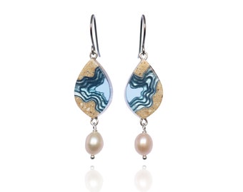 Bay dangle earrings crafted from beach sand and ultramarine blue resin with fresh water pearls