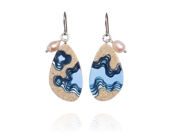 Rockpool earrings - statement earrings crafted from beach sand and ultramarine blue resin with freshwater pearls on allergy friendly hooks